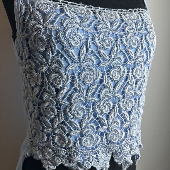 Vintage Blue Lace Overlay Floral Crop Top Cami Size M Y2k Cottage Fairy Romantic - Picture 5 of 11
